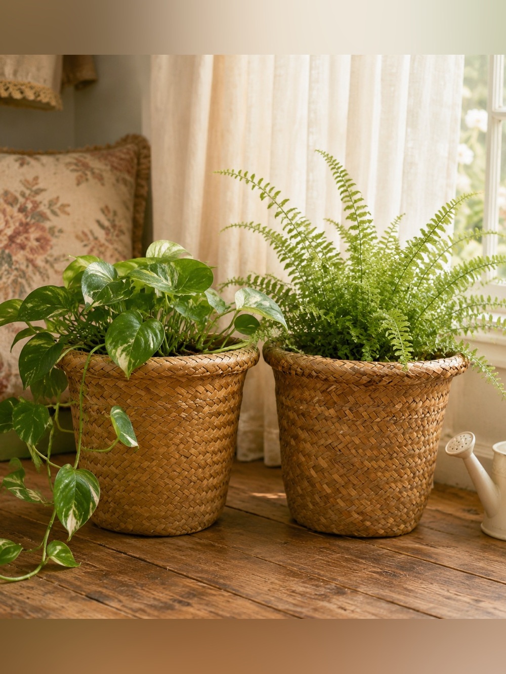 Set of 2 Woven Natural Fiber Baskets Plastic Lined Boho Plant Pot Covers 9”